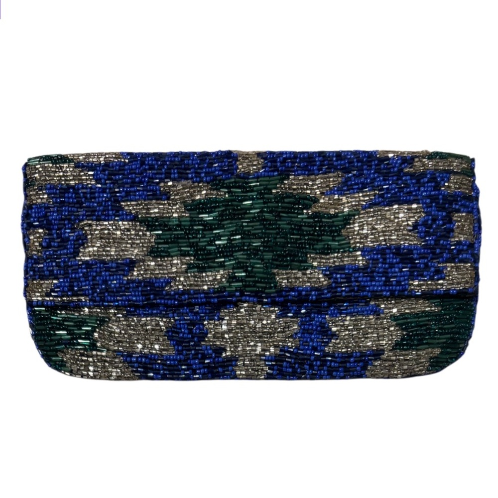 Vintage Beaded Clutch Crossbody Purse Formal Bag Blue Green Metallic Silver - Picture 5 of 16